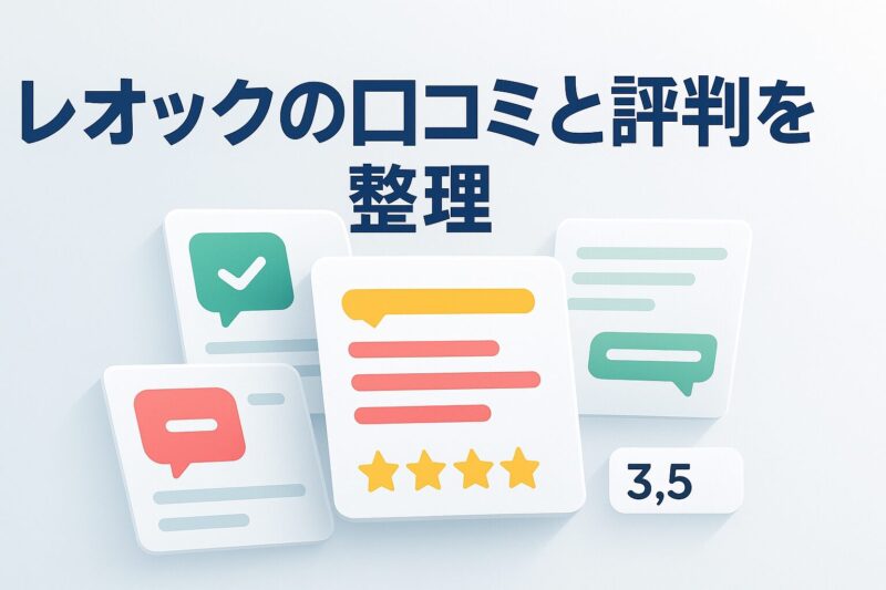 alt="レオックの口コミや評判を整理するイメージ。スマホ風レビュー画面に星評価が並ぶモダンなUIデザイン。"