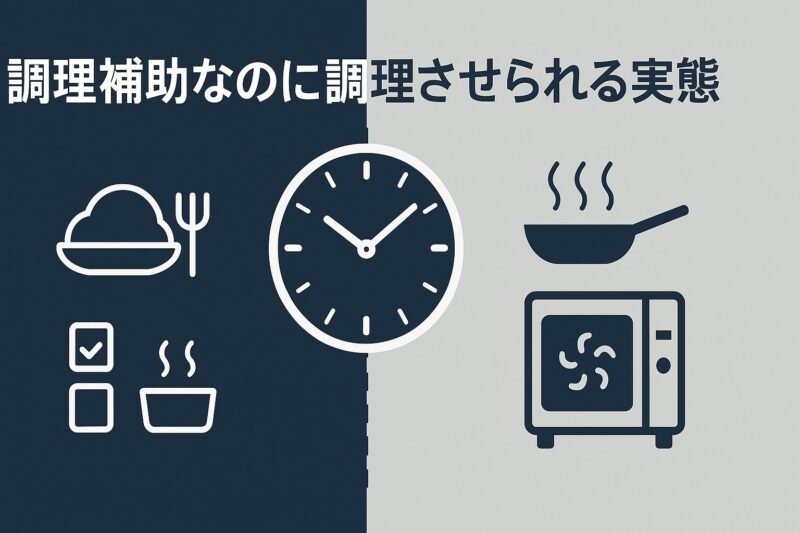 alt="調理補助と調理の違いを比較するピクトグラムデザイン。左右に区切られた業務範囲を示す線画スタイル。"