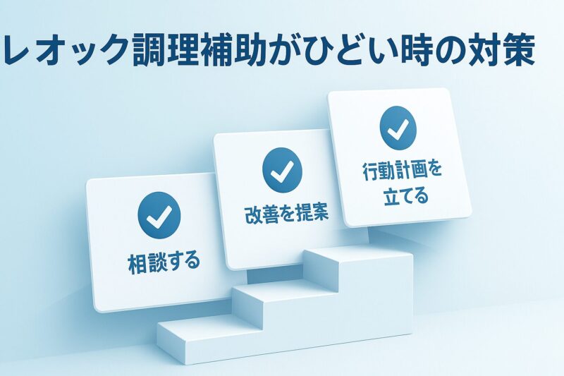 alt="レオックの調理補助がひどい時の対策を表すステップアップカードUI。前向きで明るいライトブルーの構成。"