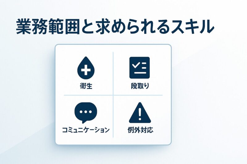 alt="調理補助の業務範囲と求められるスキルを4象限マップで整理。衛生・段取り・コミュニケーションなどを図示。"