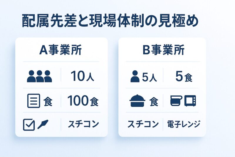 alt="配属先ごとの現場体制を比較するUI。A事業所とB事業所の違いをカードで並べたニュートラルな比較デザイン。"