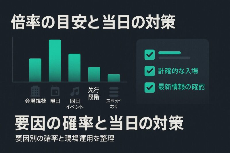 alt="FACTライブ倍率の目安と当日の対策を整理したインフォグラフィック。バーグラフとチェックリストを組み合わせた戦略図。"
