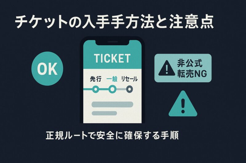 alt="FACTライブチケットの入手方法と注意点を示すスマホUI風デザイン。先行・一般・リセールのステップバー付き。"