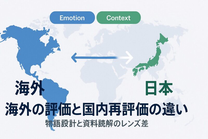 海外の評価と国内再評価の違いを比較するイメージ。世界地図に日本と海外のゾーンを配置し、相互参照を矢印で表現。
