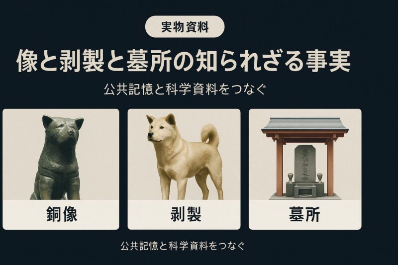 像と剥製と墓所の知られざる事実を示すイメージ。銅像・剥製・祠を三分割カードで配置した博物館カタログ風。

