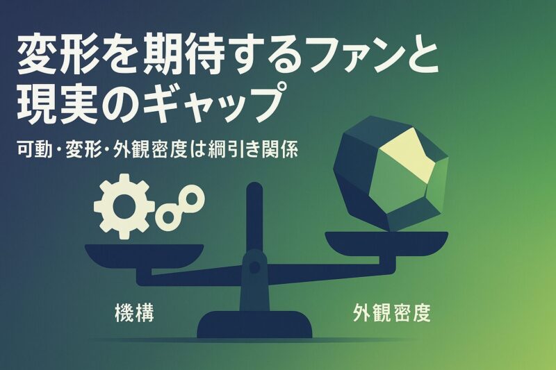 変形を期待するファンと現実のギャップを天秤で対比したイメージ。可動・外観密度のバランスを表現。  
