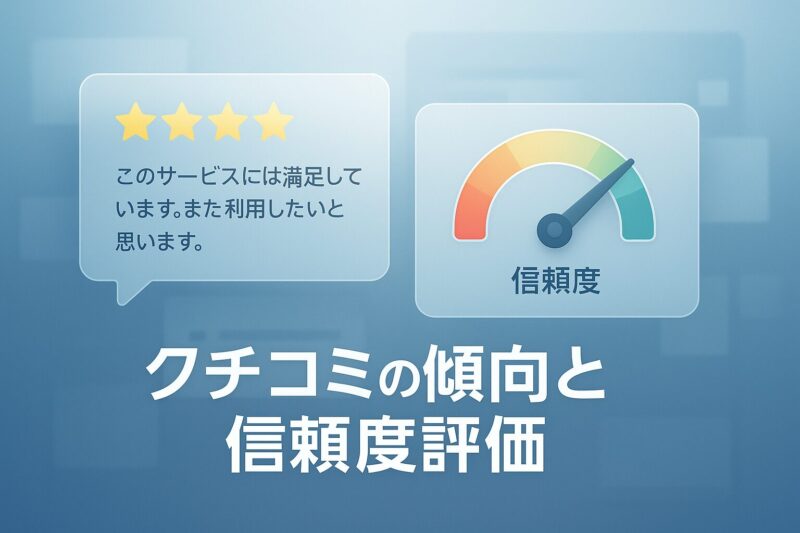 クチコミの傾向と信頼度評価を示す画像。口コミカードと信頼度メーターを重ねたUXダッシュボード風デザイン。