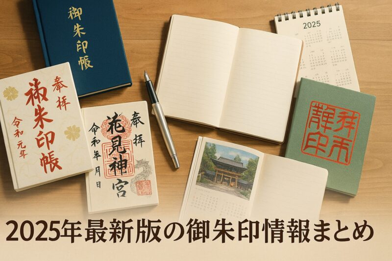 alt="2025年のカレンダーと御朱印帳、旅行ノートを並べたデスクの俯瞰写真。最新の御朱印情報をまとめた記事のメインビジュアル。"
