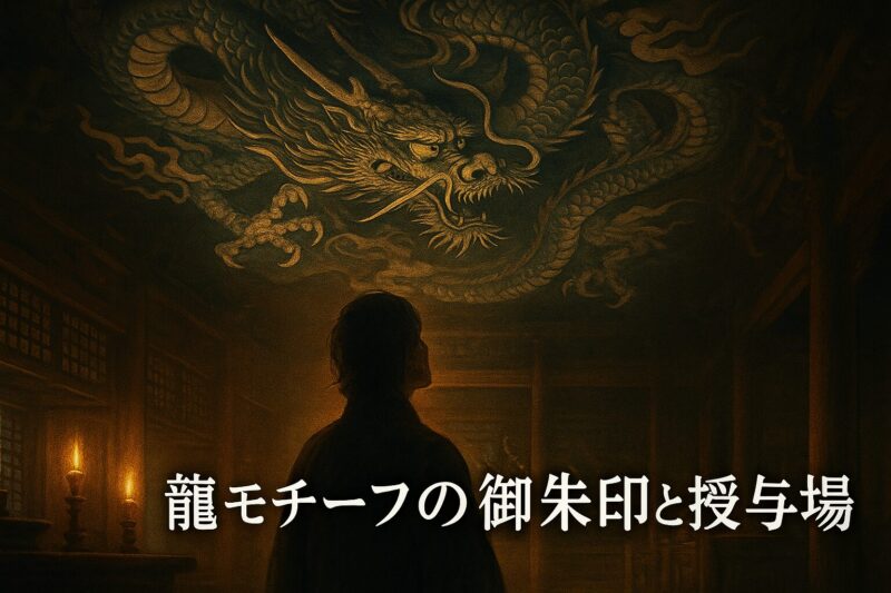 alt="輪王寺薬師堂の鳴龍天井画を見上げる人のイラスト。龍モチーフの御朱印と授与場所を示す画像。"