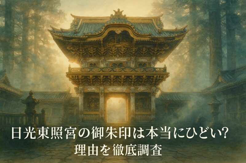 alt="日光東照宮の陽明門と朝霧に包まれた参道を描いた風景。御朱印がひどいと感じる理由を調査する記事のイメージ。"