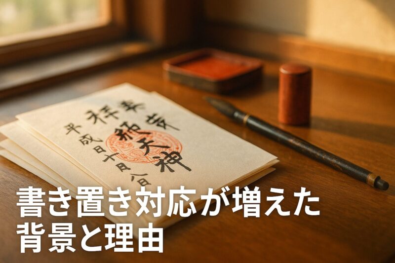 alt="机の上に並ぶ御朱印の書き置き用紙と朱印、筆のある様子。書き置き対応が増えた背景を表現した写真。"
