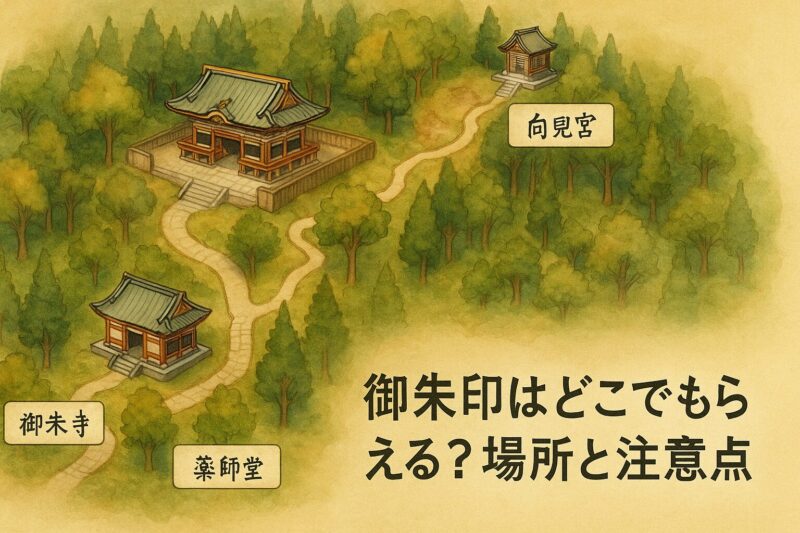 alt="日光東照宮の御本社・奥宮・薬師堂を示すイラスト地図。御朱印がもらえる場所と注意点を説明する図。"
