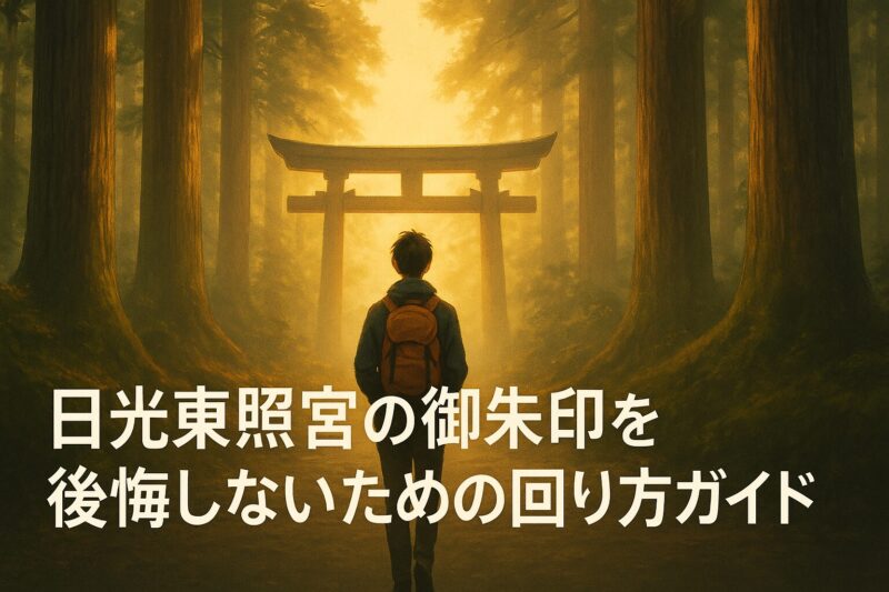 alt="杉並木の参道を歩く旅行者の後ろ姿。日光東照宮の御朱印巡りを後悔しないための回り方を示す風景。"
