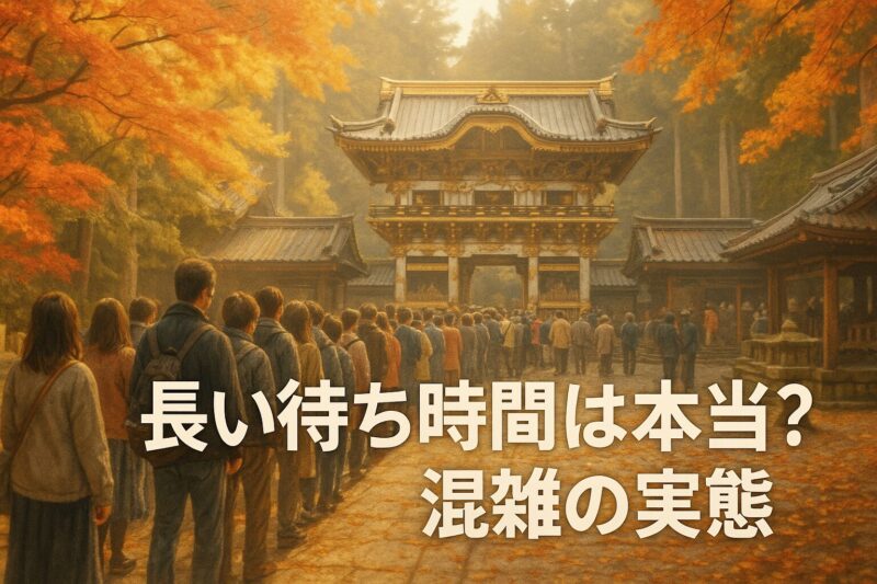 alt="紅葉の季節に人々が並ぶ日光東照宮の境内。御朱印の待ち時間と混雑の実態を表すイメージ。"