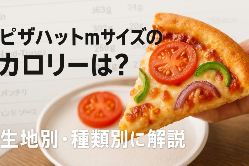 ピザハットMサイズのカロリーを生地別・種類別に解説するイメージ。断面にチーズや野菜が映り、背景にカロリー表が重ねられた画像。