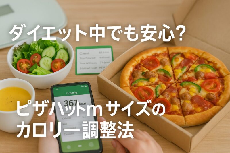 ピザの横にサラダやスープ、カロリー表を配置した画像。背景に体重計とスマホの管理アプリを重ね、ダイエット中のカロリー調整を表現。
