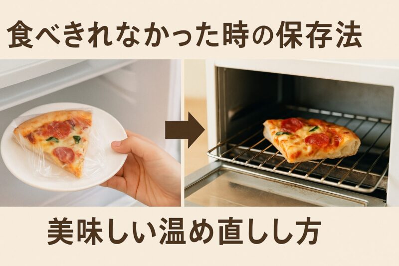 冷蔵庫にラップされたピザとトースターで温め中のピザを並べた画像。食べきれなかった時の保存法と温め直し方を視覚的に説明。