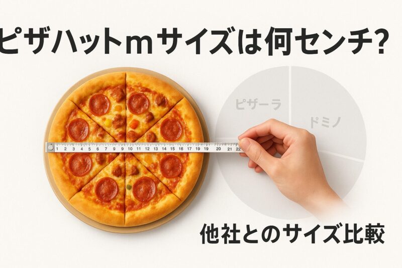 ピザハットMサイズの直径をメジャーで測る場面。背景に他社サイズ比較を示す円グラフ風デザインのイメージ画像。