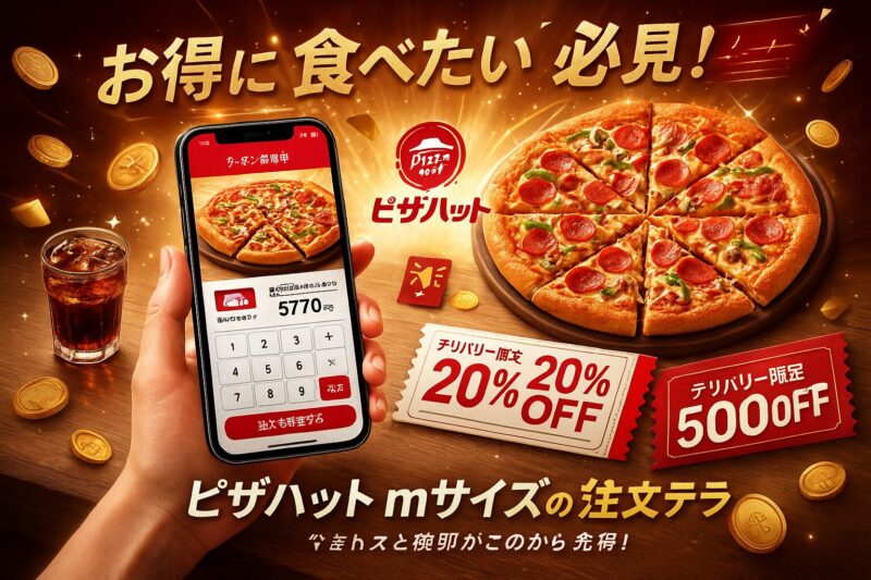 スマホ画面に「クーポン適用中」と表示され、背景にピザと割引券がある画像。ピザハットMサイズをお得に注文する方法を示す。