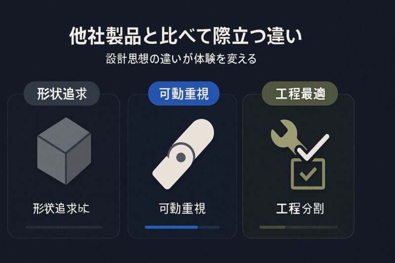 他社製品と比べて際立つ違いを三カラム比較で表現したイメージ。設計思想ごとの体験差を示す。  
