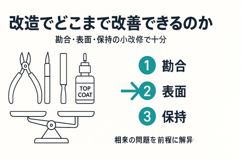 改造でどこまで改善できるのかを解説するイメージ。工具と三つの改善ステップを図解風に表現。  
