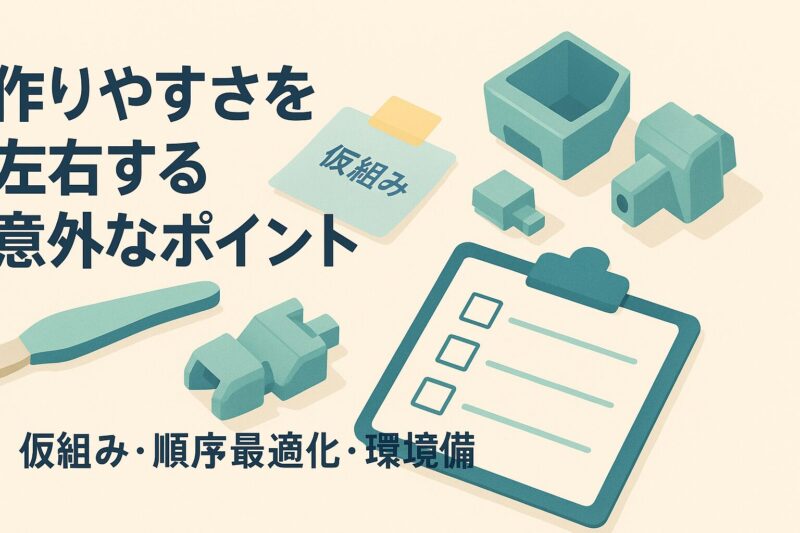 作りやすさを左右する意外なポイントを示すイメージ。仮組みや環境整備を付箋やチェックリストで表現。  
