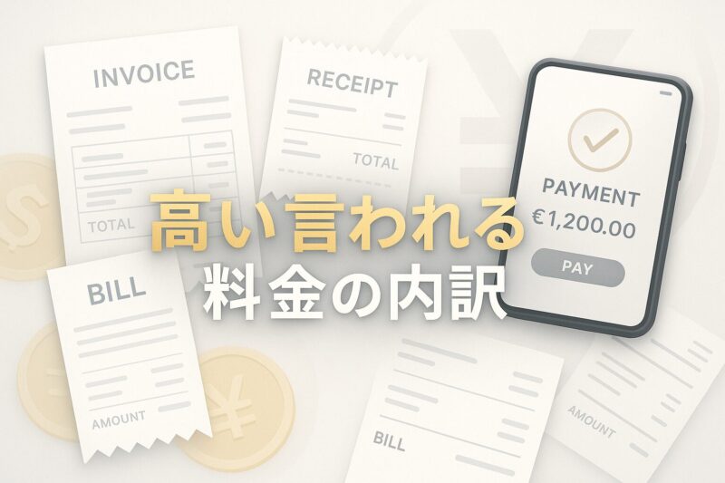 高いと言われる料金の内訳を表現した画像。レシートや電子決済画面が並び、料金構造を視覚化したデザイン。