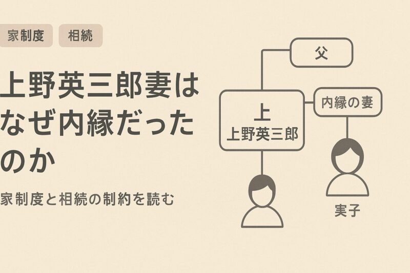 上野英三郎の妻はなぜ内縁だったのかを解説するイメージ。家系図フローとタグを配置した家制度インフォグラフィック。
