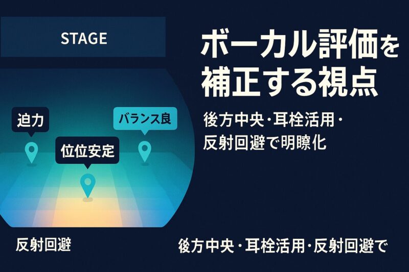 alt="FACTボーカル評価を補正するための視点を示す音響図。会場見取り図で後方中央やサイド位置の最適ポイントを説明。"