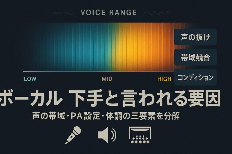 alt="ボーカルが下手と言われる要因を可視化したグラフィック。声の帯域・PA設定・体調の3要素を示すスペクトラムバー図。"