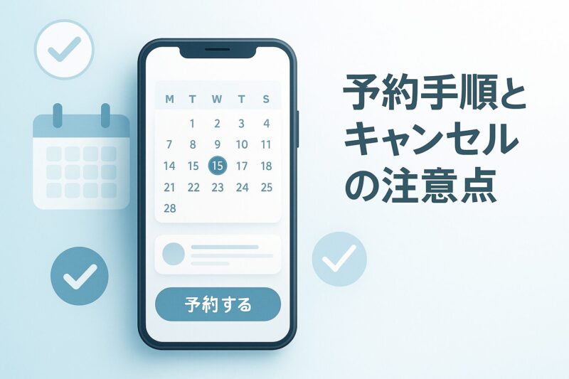 予約手順とキャンセルの注意点を説明するイメージ。スマホ画面に予約カレンダーと確認ボタンが表示された構図。