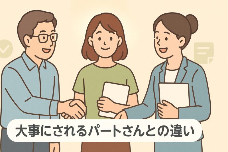 alt="大事にされるパートさんとの違いを示すチームイラスト。握手しながら書類を共有する仲間たちが穏やかに働く様子を表現。"