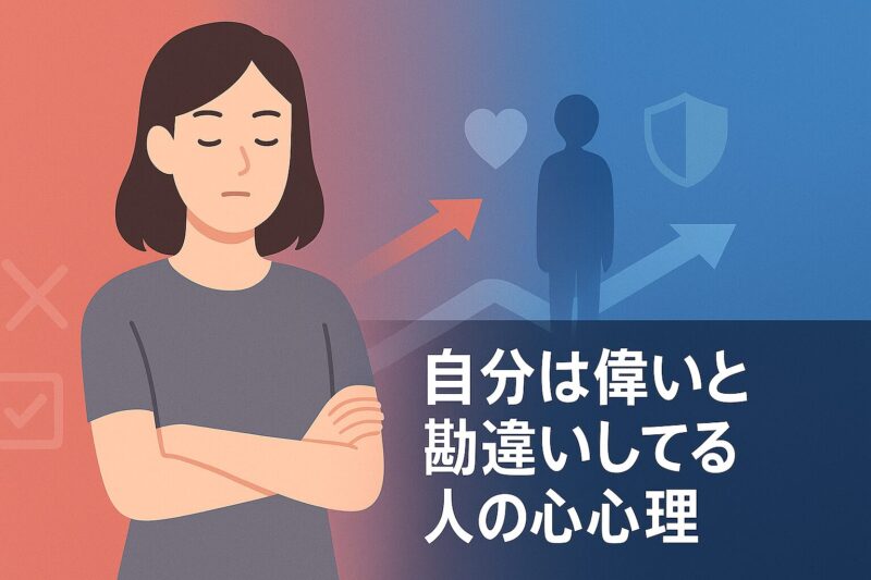 alt="自分は偉いと勘違いしてる人の心理を表す抽象イラスト。腕組みする女性と背景の赤青グラデーションが承認欲求と防衛心理を象徴。"