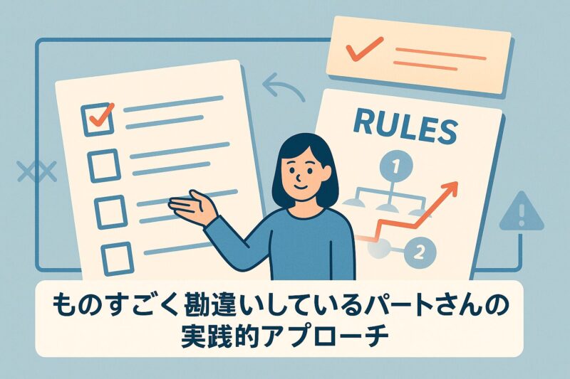 alt="ものすごく勘違いしているパートさんへの実践的アプローチを示すイラスト。机上のチェックリストと指し示す手元をクローズアップ。"