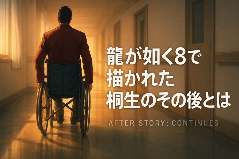 龍が如く8で描かれた桐生一馬のその後を示す、朝焼けの病院廊下を進む後ろ姿のイメージ。
