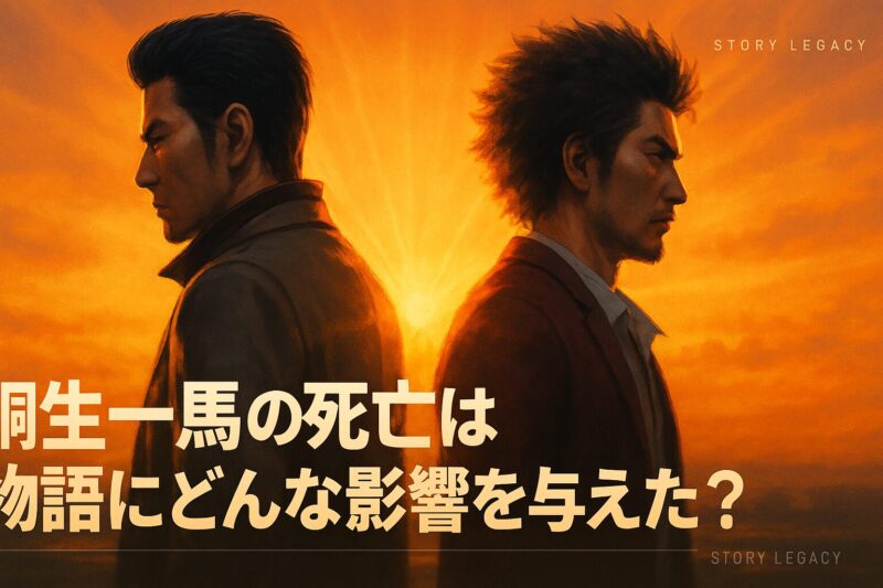 桐生一馬の死亡が物語に与えた影響を描く、桐生と春日一番が背中合わせに立つ夕焼けのイメージ。

