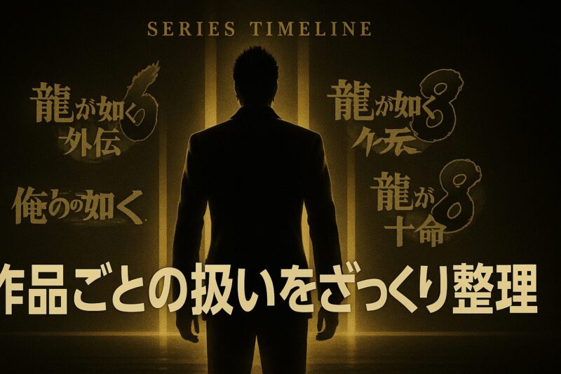 龍が如くシリーズ作品ごとの桐生一馬の扱いを整理したタイムライン風イメージ。
