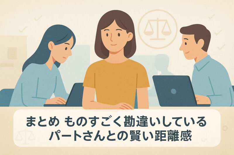 alt="まとめとして、ものすごく勘違いしているパートさんとの賢い距離感を表すイラスト。適切な距離を保ちながら協働する姿を穏やかに描く。"