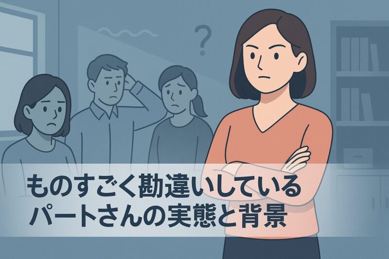 alt="ものすごく勘違いしているパートさんの実態と背景を示す職場イラスト。会議室で腕組みする女性と戸惑う同僚たちを描いた構図。"