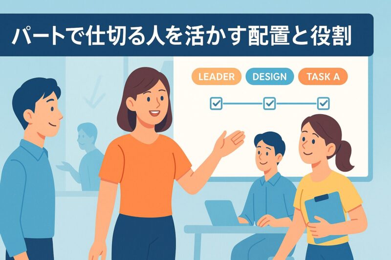 alt="パートで仕切る人を活かす配置と役割を表す前向きな職場イラスト。ホワイトボードに役割表を示し、チームが笑顔で動く様子。"
