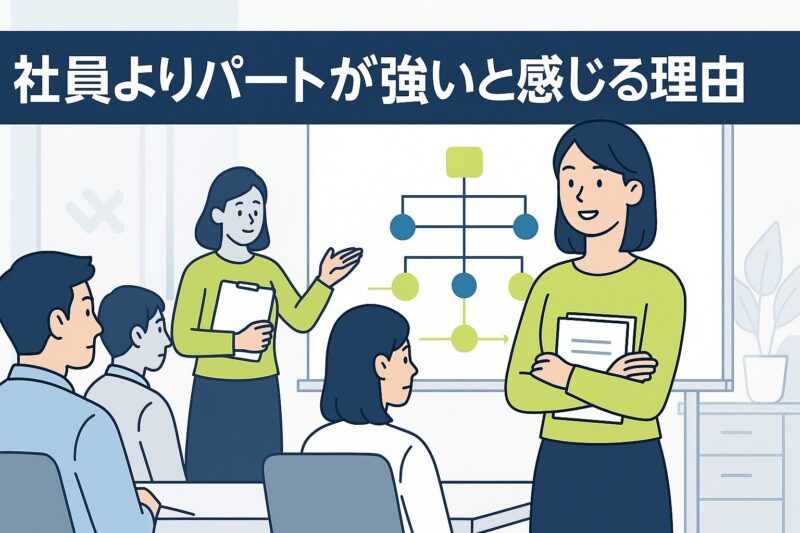 alt="社員よりパートが強いと感じる理由を表すオフィスシーン。ホワイトボード前で話すパートと座る社員たち、階層構造図を背景に配置。"