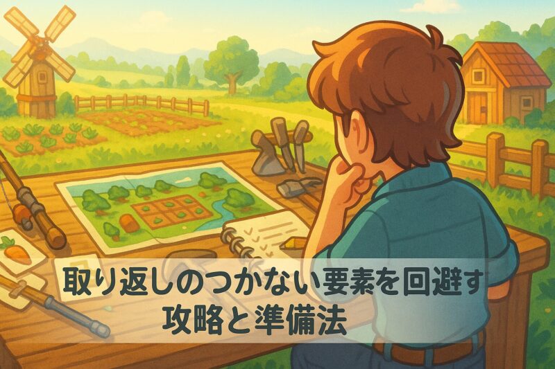 スターデューバレーの取り返しのつかない要素を回避するための攻略と準備法をイメージした朝の牧場イラスト。計画ノートと道具を広げて戦略を立てるプレイヤーの姿。
