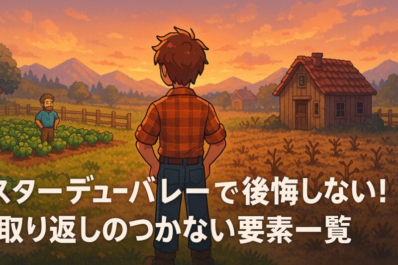 スターデューバレーの取り返しのつかない要素を解説する夕暮れの牧場イラスト。分岐する未来を見つめるプレイヤーが描かれた、後悔しないためのガイド画像。
