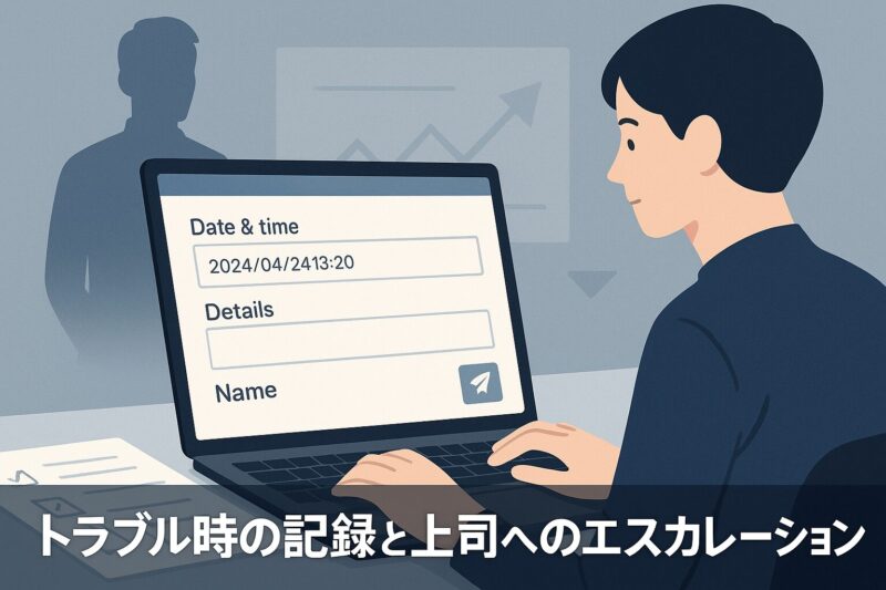 alt="トラブル時の記録と上司へのエスカレーションを表す業務シーン。冷静にタイピングする手元と背後に上司のシルエットを描写。"